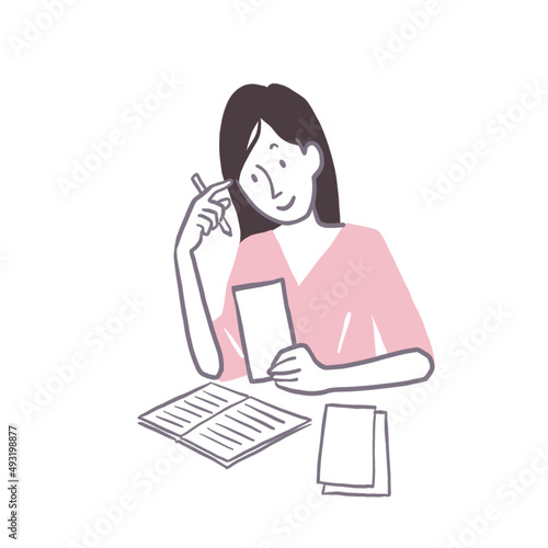 家計簿　書類整理する女性のイラスト