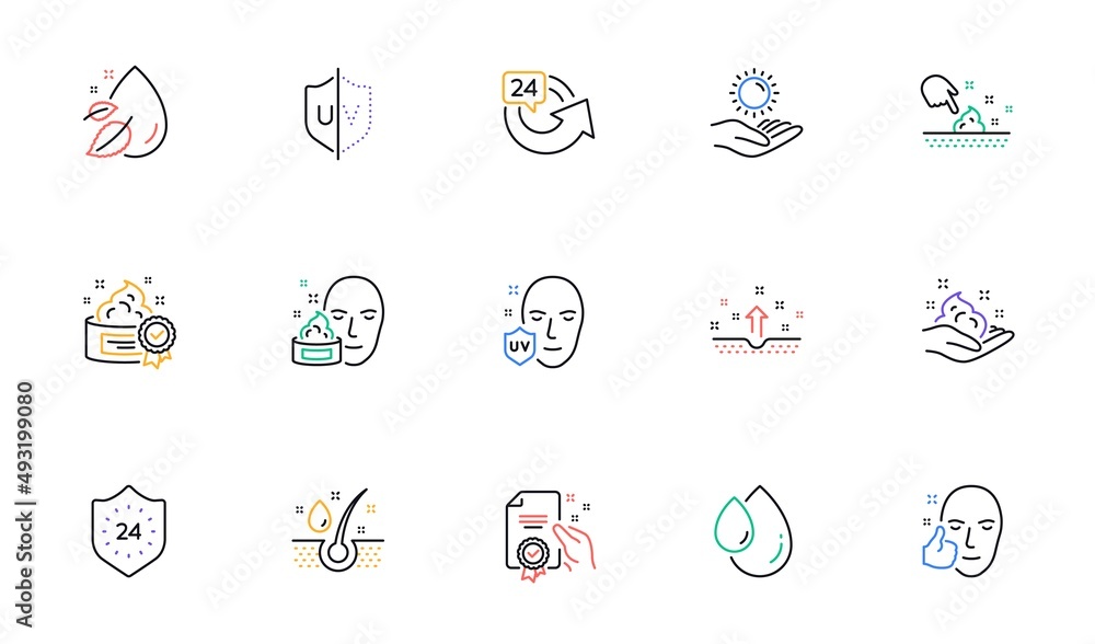 Skin care line icons. Cream, Serum drop and Face gel or lotion. Uv protection linear icon set. Bicolor outline web elements. Vector