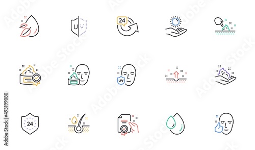 Skin care line icons. Cream  Serum drop and Face gel or lotion. Uv protection linear icon set. Bicolor outline web elements. Vector