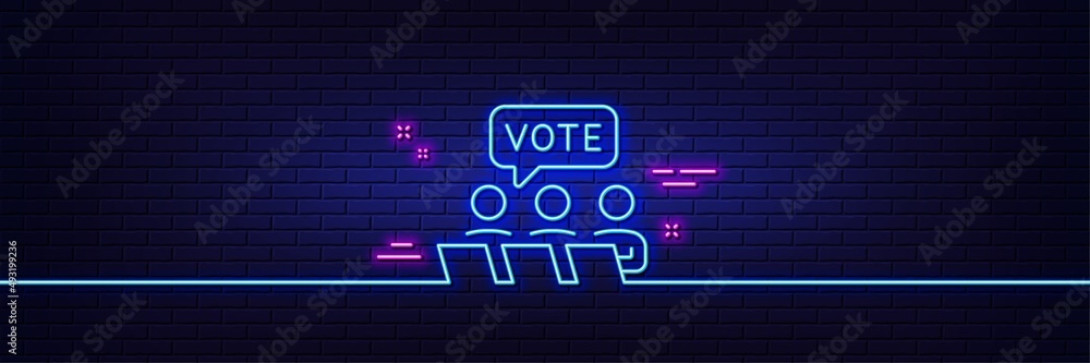 Obraz premium Neon light glow effect. Online Voting line icon. Internet vote sign. Web election symbol. 3d line neon glow icon. Brick wall banner. Online Voting outline. Vector