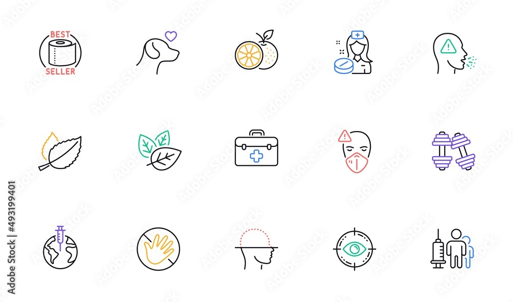 Cough, Organic tested and Do not touch line icons for website, printing. Collection of Medical mask, Dumbbells, Face scanning icons. Pets care, Pandemic vaccine, Eye target web elements. Vector