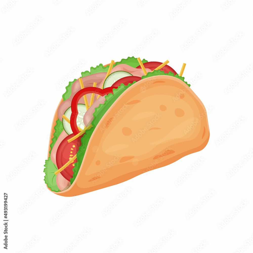Tacos. Mouth-watering taco dish of Mexican cuisine. Tacos with meat and vegetables. Vector illustration isolated on a white background Tacos. Mouth-watering taco dish of Mexican cuisine. Tacos with meat and vegetables. Vector illustration isolated on a white background