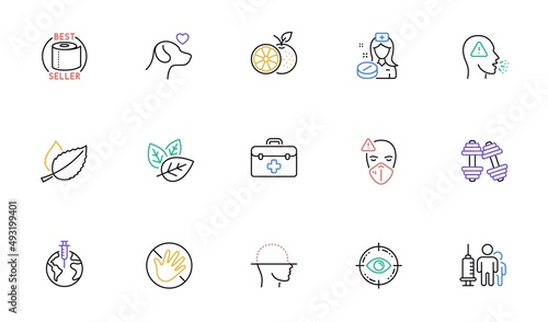 Cough, Organic tested and Do not touch line icons for website, printing. Collection of Medical mask, Dumbbells, Face scanning icons. Pets care, Pandemic vaccine, Eye target web elements. Vector