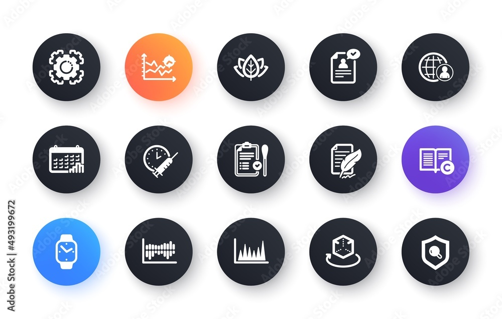 Minimal set of Seo gear, Copyright and International recruitment flat icons for web development. Resume document, Feather signature, Smartwatch icons. Augmented reality. Vector