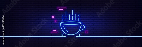 Neon light glow effect. Coffee cup line icon. Hot tea drink sign. Hotel service symbol. 3d line neon glow icon. Brick wall banner. Coffee cup outline. Vector