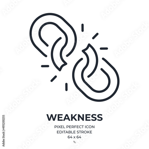 Broken chain or weakness concept editable stroke outline icon isolated on white background flat vector illustration. Pixel perfect. 64 x 64..