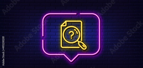 Neon light speech bubble. Search document line icon. Help book sign. Instruction manual symbol. Neon light background. Search document glow line. Brick wall banner. Vector