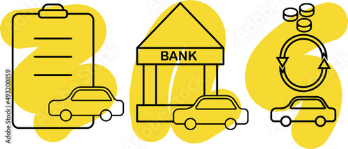 A set of car purchase icons. Сonclusion of the contract. Тaking a loan. Сar exchange for money. Vector illustration.