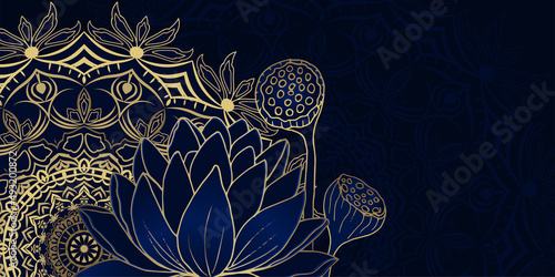 Wallpaper Mural Luxurious golden mandala background with golden lotus pattern. Decorative mandala on a dark blue background. Mandala for print, poster, cover, brochure, flyer, banner Torontodigital.ca