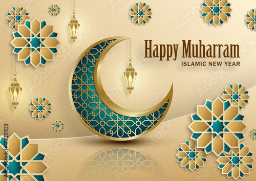 Happy Muharram, the Islamic New Year, new Hijri year design with gold pattern on color background