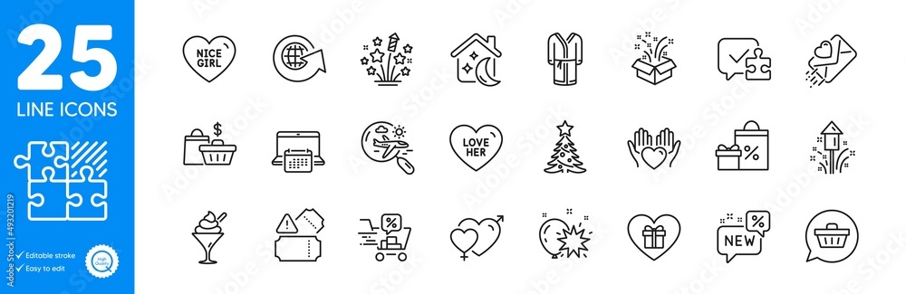 Outline icons set. Romantic gift, Fireworks and Calendar icons. Nice girl, Balloon dart, Bathrobe web elements. Hold heart, World globe, Shopping signs. Search flight, Gift, Love letter. Vector Outline icons set. Romantic gift, Fireworks and Calendar icons. Nice girl, Balloon dart, Bathrobe web elements. Hold heart, World globe, Shopping signs. Search flight, Gift, Love letter. Vector