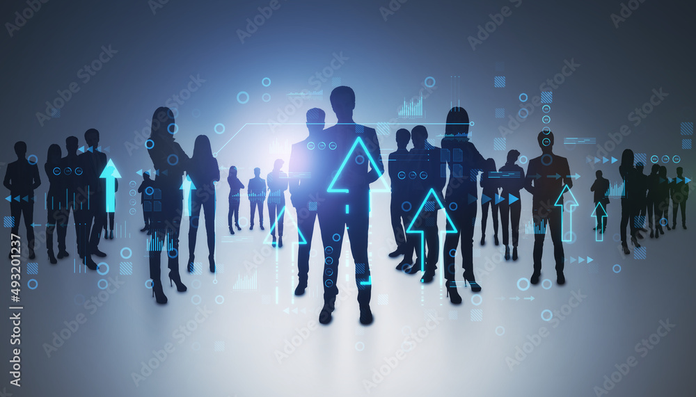 Backlit group of businesspeople standing on light background with glowing digital arrows hologram. Teamwork and technology concept. Double exposure.