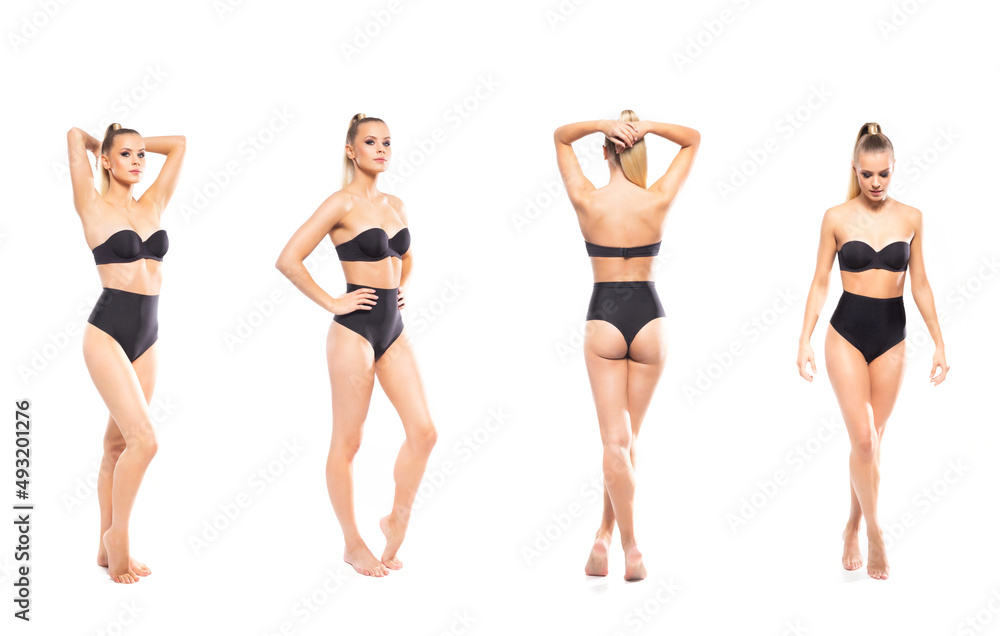 Young, fit and beautiful blond woman in white swimsuit isolated on white background. Healthcare, diet, sport and fitness. Young, fit and beautiful blond woman in white swimsuit isolated on white background. Healthcare, diet, sport and fitness.