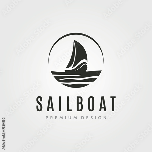 sailboat logo vector with sunset and wave symbol illustration design