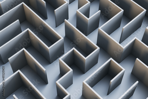 Creative gray maze backdrop. Solution, way out and challenge concept. 3D Rendering.