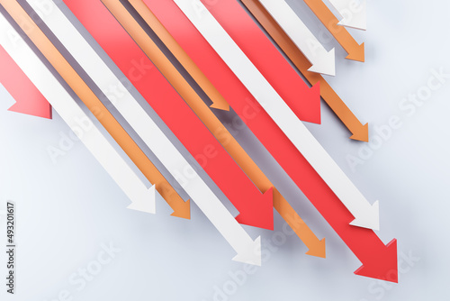 Downward chart arrows on white background. Down, drop, finance and crisis concept. 3D Rendering.