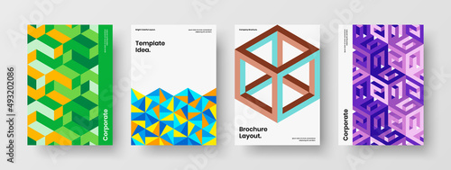 Minimalistic brochure design vector layout set. Vivid geometric hexagons book cover illustration composition.