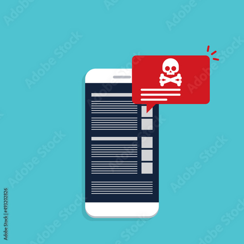 Malware , virus attack warning alert online on mobile cell phone, internet security threat. Vector illustration	