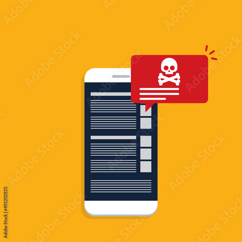 Malware , virus attack warning alert online on mobile cell phone, internet security threat. Vector illustration	