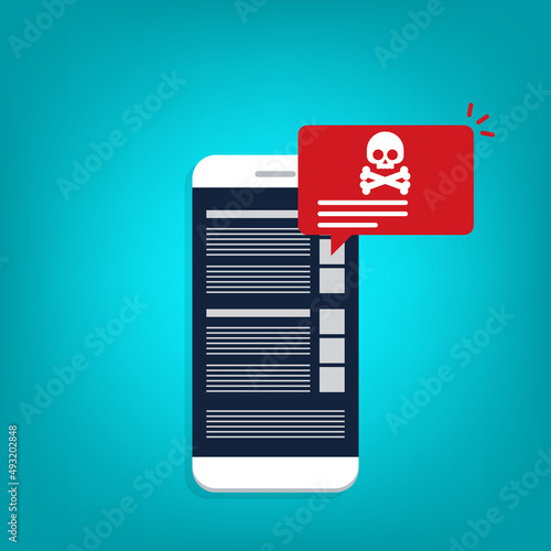 Malware , virus attack warning alert online on mobile cell phone, internet security threat. Vector illustration	