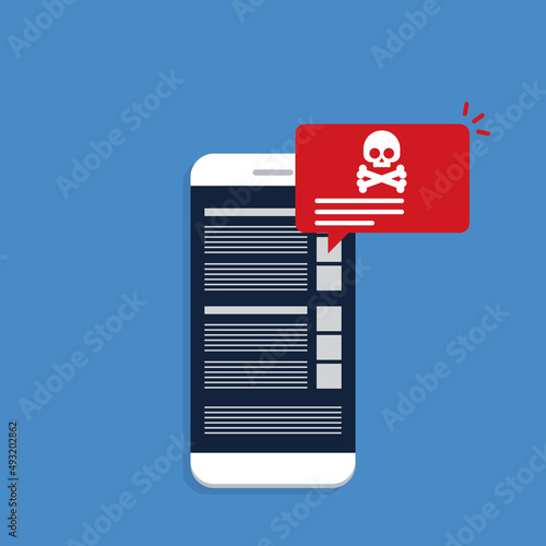 Malware , virus attack warning alert online on mobile cell phone, internet security threat. Vector illustration	