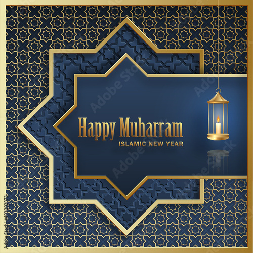 Happy Muharram, the Islamic New Year, new Hijri year design with gold pattern on color background