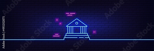 Neon light glow effect. Court building line icon. City architecture sign. Courthouse, government symbol. 3d line neon glow icon. Brick wall banner. Court building outline. Vector