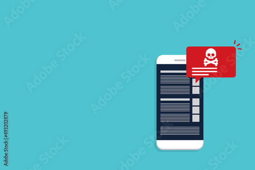 Malware , virus attack warning alert online on mobile cell phone, internet security threat. Vector illustration	