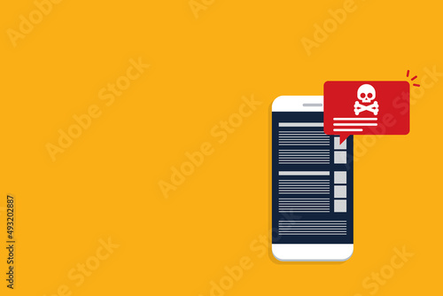 Malware , virus attack warning alert online on mobile cell phone, internet security threat. Vector illustration	