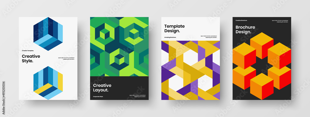 Multicolored poster A4 design vector layout collection. Fresh mosaic shapes pamphlet concept bundle.