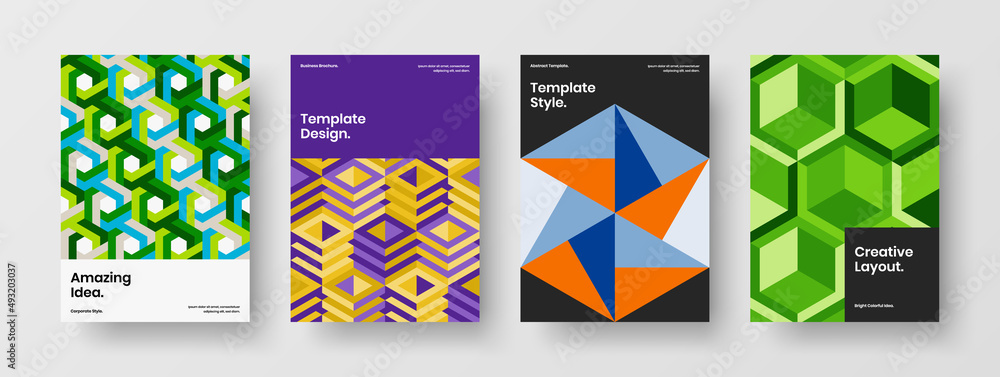 Multicolored pamphlet design vector illustration bundle. Simple mosaic hexagons company cover concept composition.