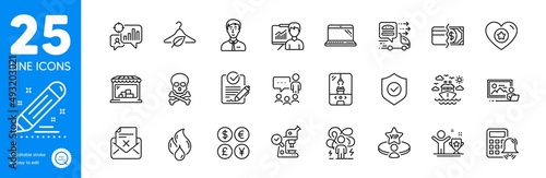 Outline icons set. Ship travel, Slow fashion and Security shield icons. Heart, Calculator alarm, Market web elements. Chemical hazard, Winner cup, Food delivery signs. Microscope, Laptop. Vector