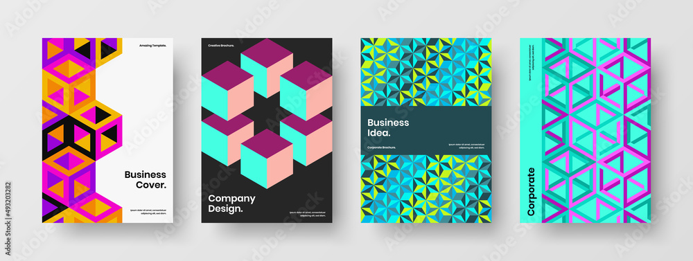 Obraz premium Original magazine cover vector design template composition. Vivid geometric pattern pamphlet concept collection.