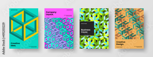 Colorful journal cover A4 design vector illustration bundle. Modern geometric hexagons annual report template collection.