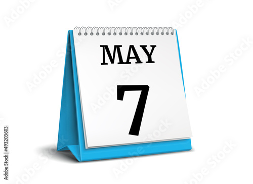 Calendar on white background. 7 May. 3D illustration.