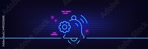 Neon light glow effect. Notification bell line icon. Service alarm reminder sign. Settings message symbol. 3d line neon glow icon. Brick wall banner. Notification bell outline. Vector
