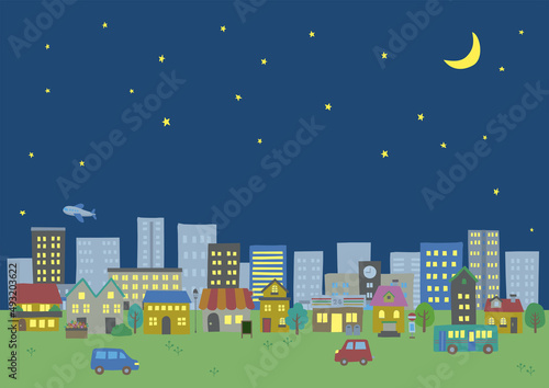 夜の静かな街並みイラスト