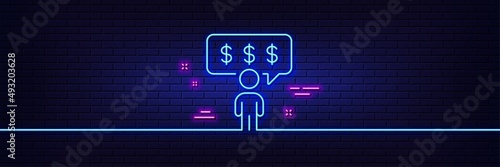 Neon light glow effect. Employee benefits line icon. Business salary sign. People savings symbol. 3d line neon glow icon. Brick wall banner. Employee benefits outline. Vector