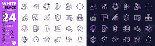Certificate, Leadership and Integrity line icons for website, printing. Collection of Users, Certified refrigerator, Support icons. Electricity power, Food delivery, Air balloon web elements. Vector