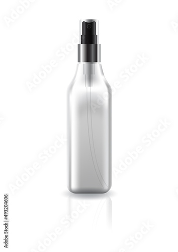 Blank clear square cosmetic bottle with press spray head for beauty product mockup template.