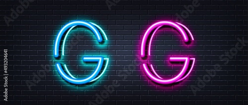 Initial letter G icon. Neon light line effect. Line typography character sign. Large first font letter. Glowing neon light element. Letter G glow 3d line. Brick wall banner. Vector