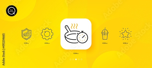 Frying pan, Rank star and Medical tablet minimal line icons. Yellow abstract background. Coffee cocktail, Recovery gear icons. For web, application, printing. Vector