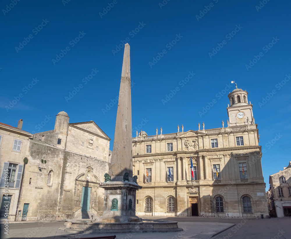 Republic Square (Place de la République), Arles, Bouches-du-Rhône,  Provence, France. Roman and Romanesque Monuments of Arles are UNESCO World Heritage