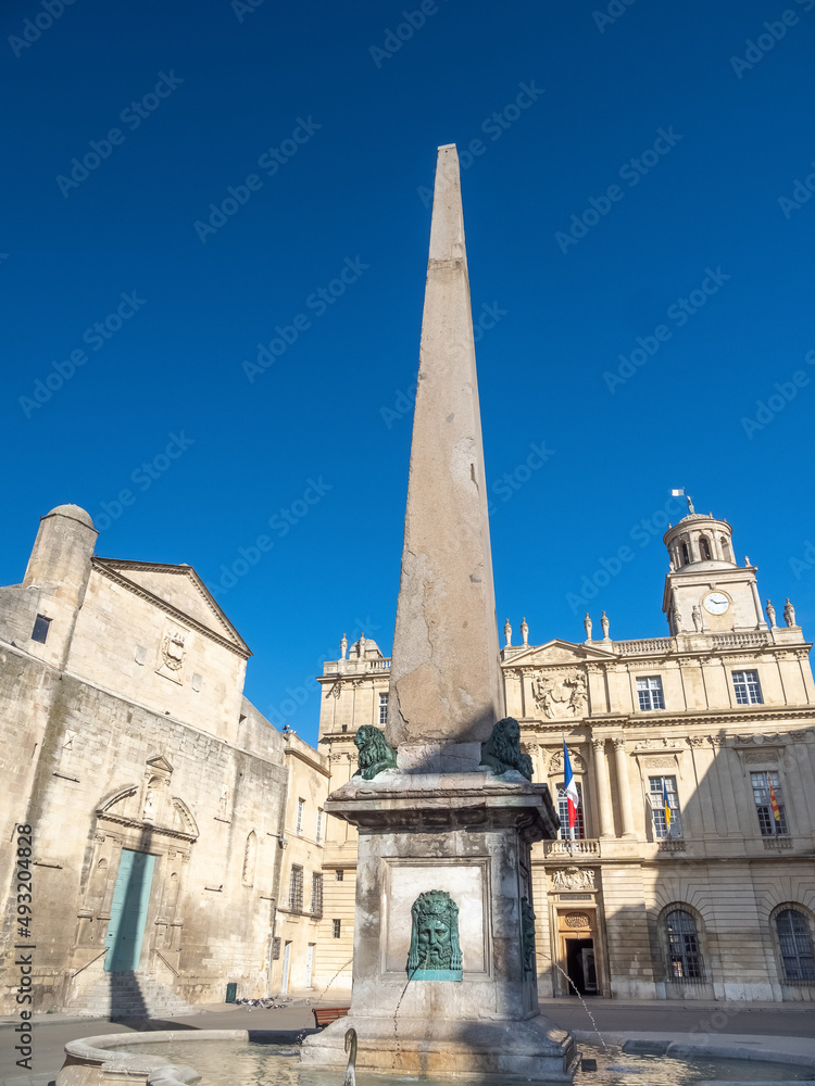 Republic Square (Place de la République), Arles, Bouches-du-Rhône,  Provence, France. Roman and Romanesque Monuments of Arles are UNESCO World Heritage