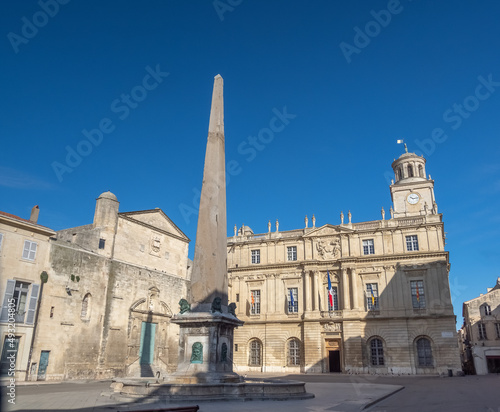 Republic Square (Place de la République), Arles, Bouches-du-Rhône, Provence, France. Roman and Romanesque Monuments of Arles are UNESCO World Heritage