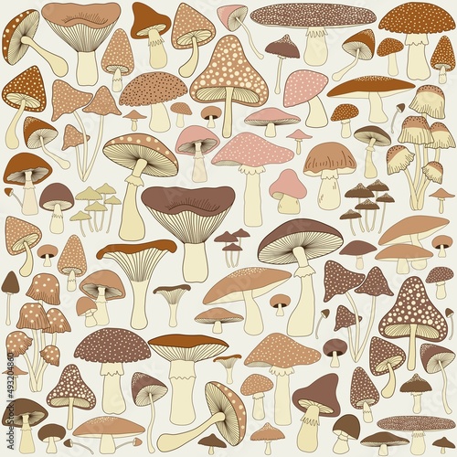 Seamless pattern with cartoon mushrooms