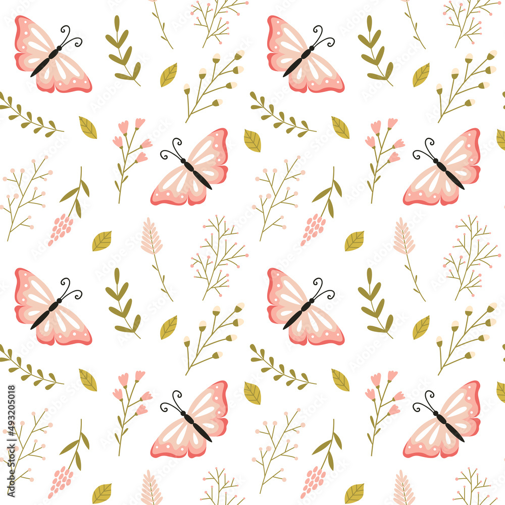 Seamless pattern with hand-drawn cute pink butterflies and spring herbs and twigs. For packaging paper, scrapbooking, children's clothing, home textiles. Vector illustration on a white background.