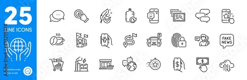 Outline icons set. Seo shopping, World communication and Marketplace icons. Parking, Feminism, Organic tested web elements. Dots message, Coffee cup, Payment click signs. Fake news, TimerLock. Vector