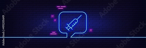 Neon light glow effect. Vaccine message line icon. Vaccination syringe sign. Jab symbol. 3d line neon glow icon. Brick wall banner. Vaccine message outline. Vector