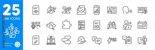 Outline icons set. Technical algorithm, Quickstart guide and Human sing icons. Clipboard, Calendar, Video conference web elements. Cloud computing, Edit document, View document signs. Vector